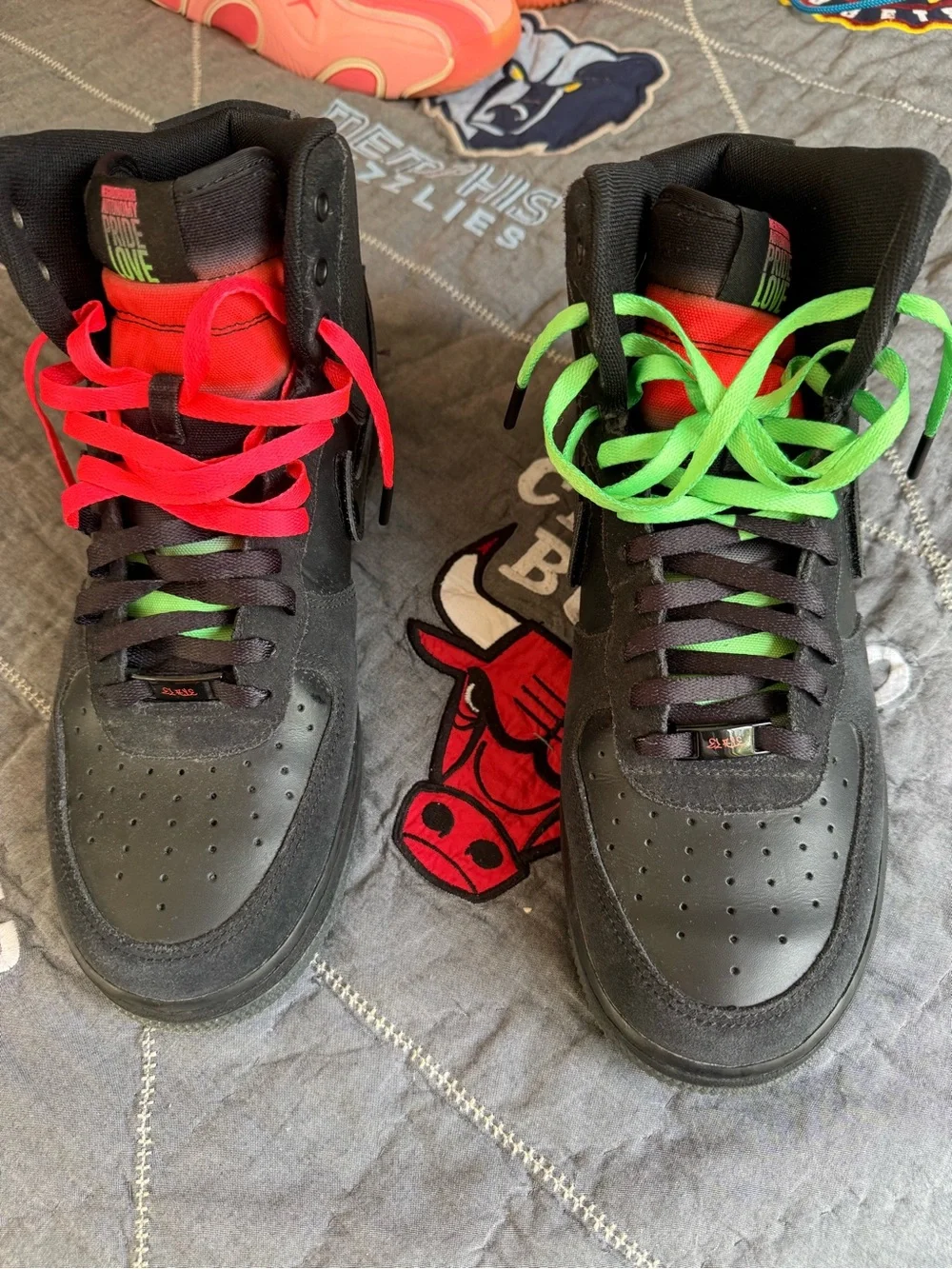 Men's Black High-Top Sneakers with Red and Neon Green Accents